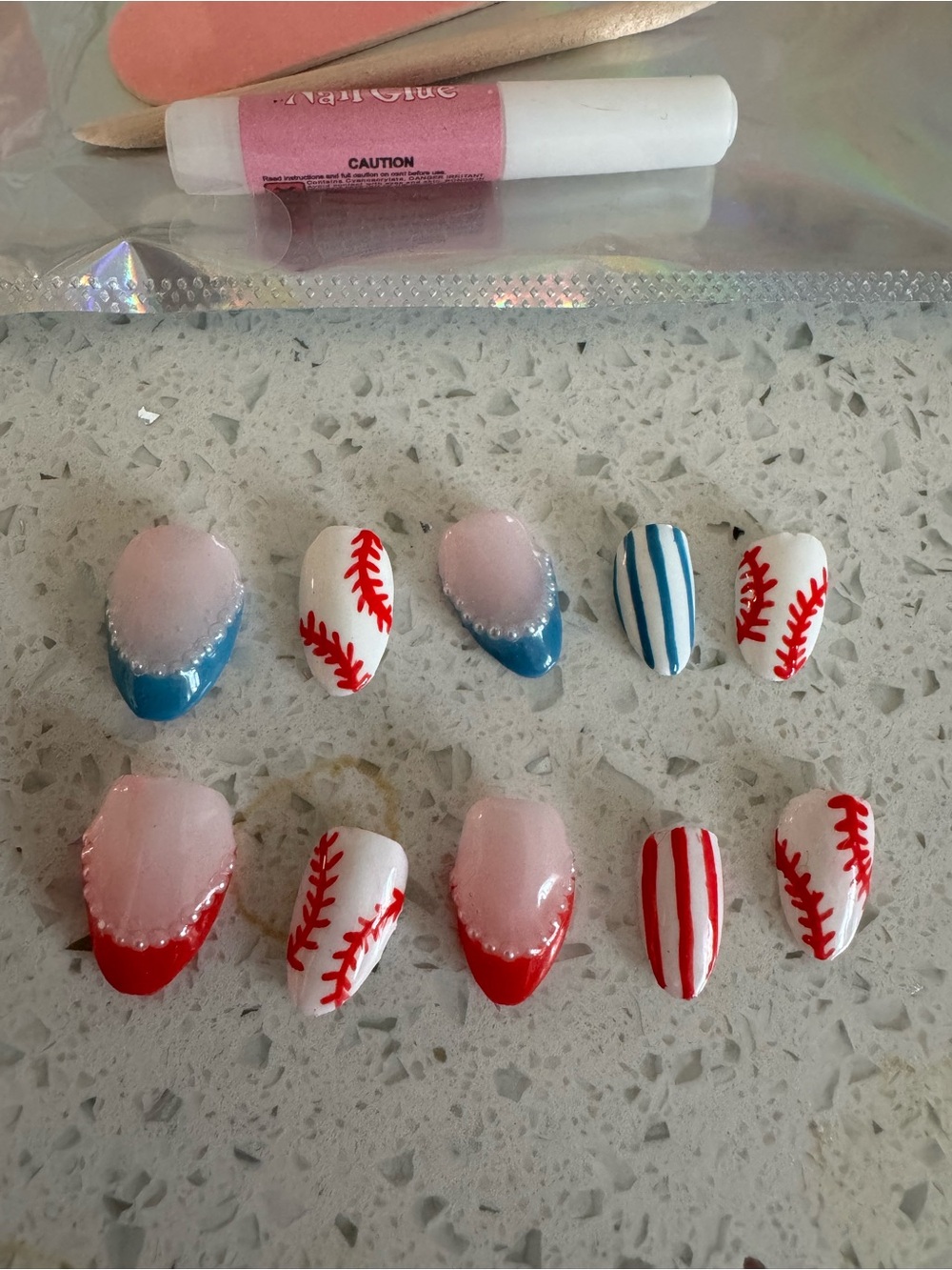 Hand-Painted Baseball & Stripe Press-On Nail Set in Red, Blue, White